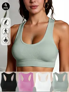 4-Pack Women's Seamless Sports Bras - High Stretch Breathable U-Neck Crop Tank with Removable Pads, Medium Support Shockproof for Yoga Gym Fitness Running, Solid Colors Workout Tops