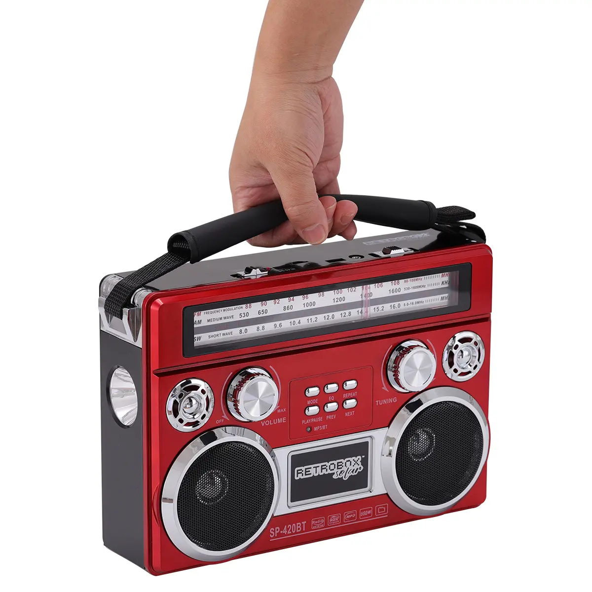 Solar Rechargeable RetroBox Portable Bluetooth Radio 3-Band Radio MP3 w/Antenna LED Light Bluetooth connection, FM/AM/SW mode, USB mode, AUX mode, TF card mode