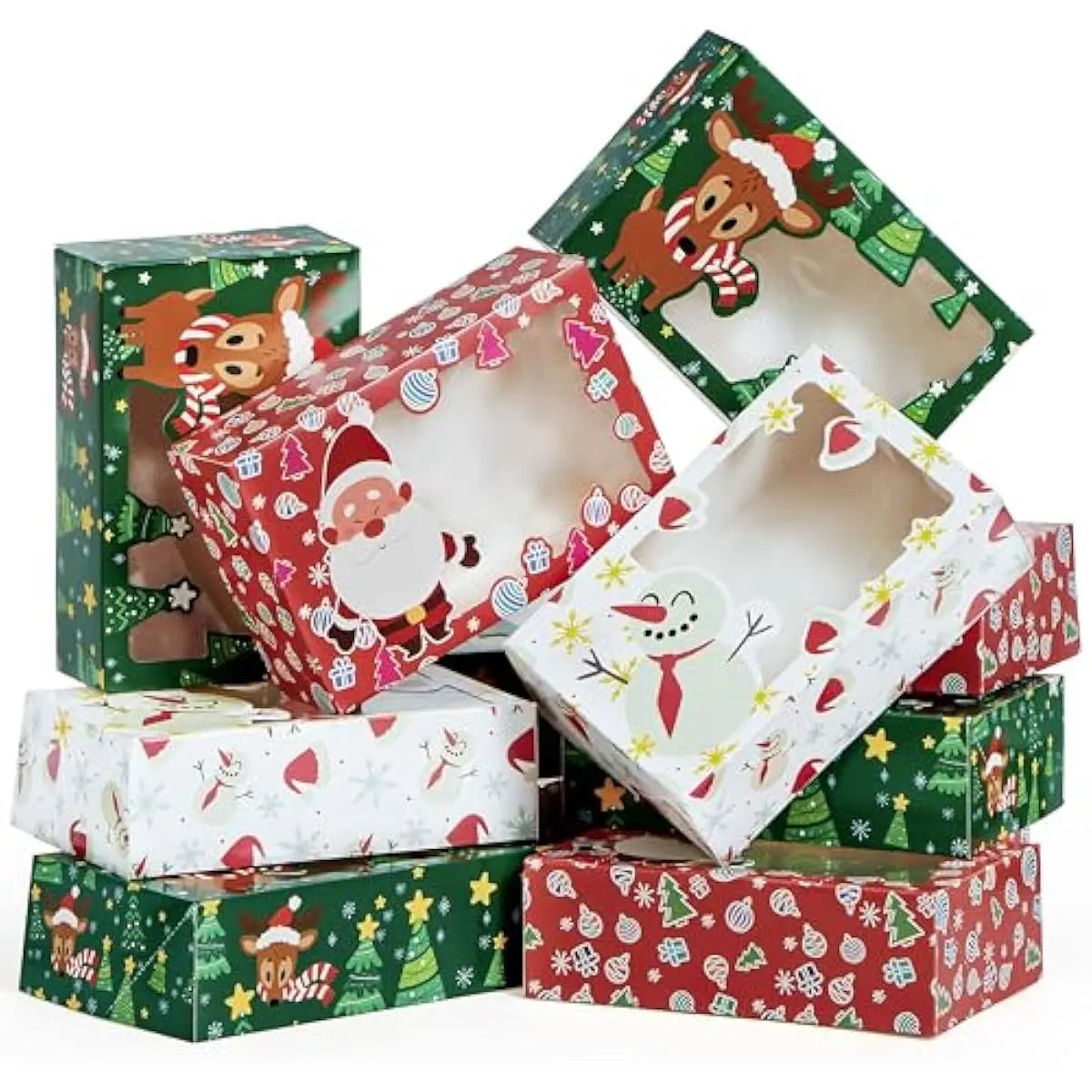 24 PCS Christmas Foil Treats Cookie Gift Boxes (8.75" x 5.75" x 2.75") Colorful Pattern Bakery Box with Window for Xmas Holiday Birthday Party Pastries, Cupcakes, Brownies, Donuts Gift-Giving