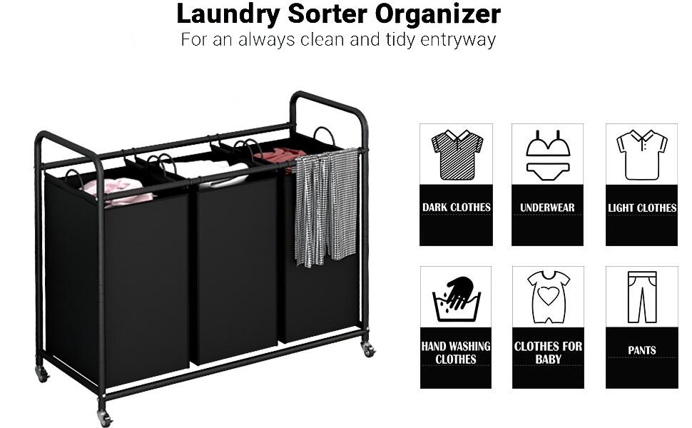 3-Bag Laundry Basket Sorter Laundry Hamper Cart with Heavy Duty Rolling Lockable Wheels and Removable Bags 3-Bag Laundry Basket Sorter Laundry Hamper Cart with Heavy Duty Rolling Lockable Wheels and Removable Bags