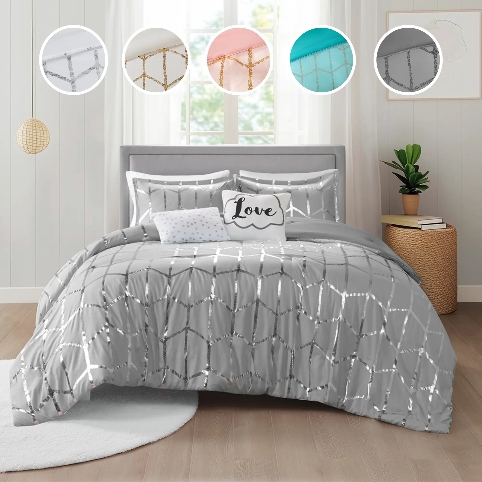 Queen Antibacterial Soft Microfiber Bed Cover Set - California King Bedding Set with 2 Standard Shams, 1 Oblong Pillow, 1 Square Pillow, Silver Metallic Print, Wrinkle Resistant, Spot Clean, for Room Decor
