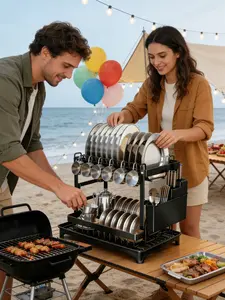 Outdoor cookware storage, dish storage, drain rack, outdoor indoor kitchen use , Double-Layered Dish Storage Rack, Multi-Functional Storage Rack, Detachable, Easy To Clean,Essential Kitchen Storage Tool, utility， picnic camping gift steel bbq kit cooking