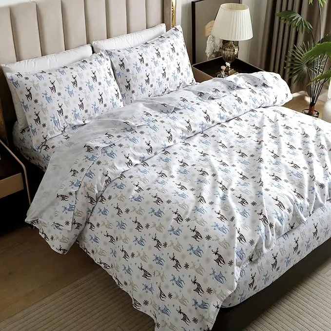 Mocassi 4-Piece Festive Flannel Luxury Hotel Bedding Set, 100% Turkish Cotton Soft Fitted Sheet Bed Set with Premier Cozy Warmth