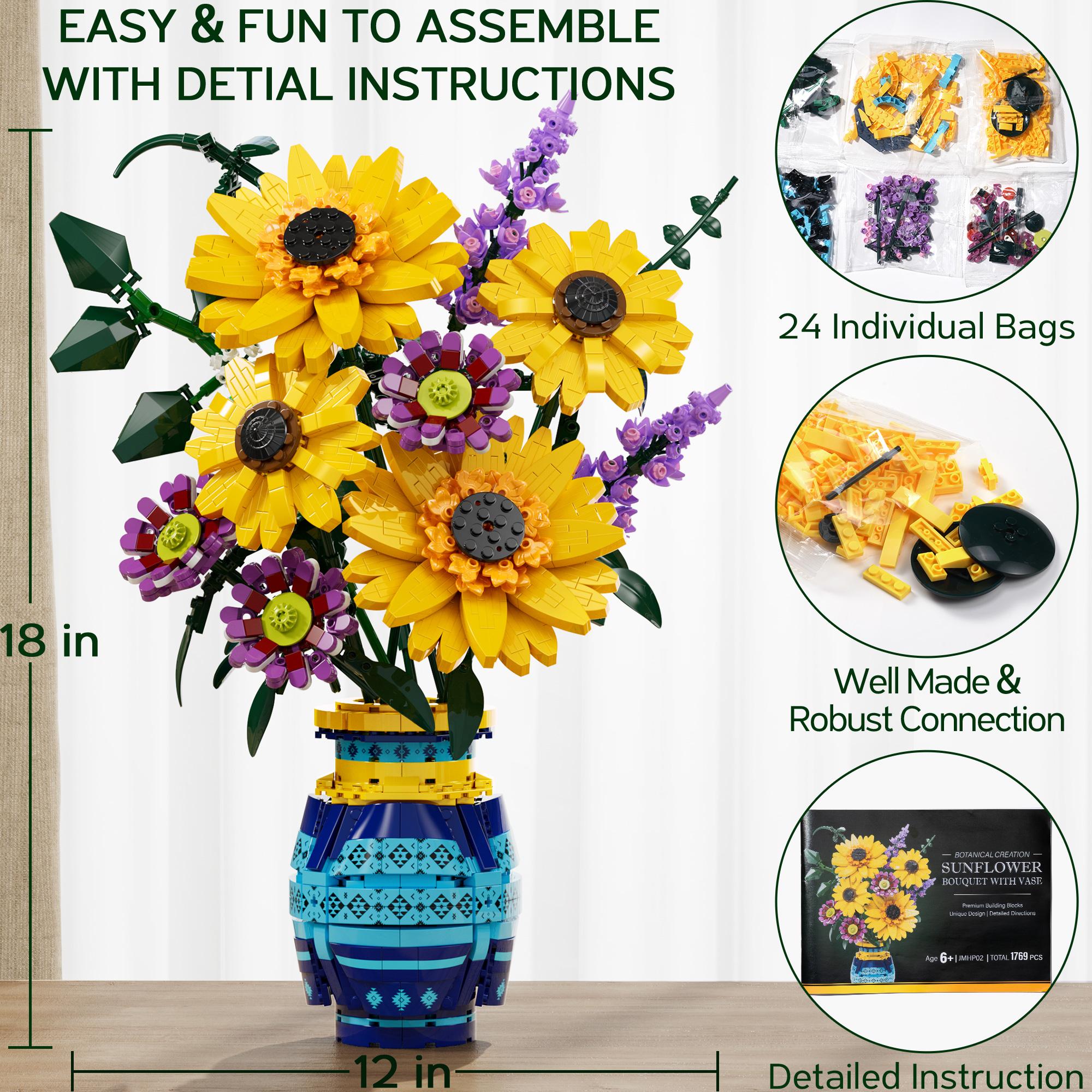 MAYICIVO 1769PCS Sunflower Bouquet Building Blocks with Vase, Creative Flower Set for Women & Men,Christmas, Anniversary, Birthday, or Home Decor Gift