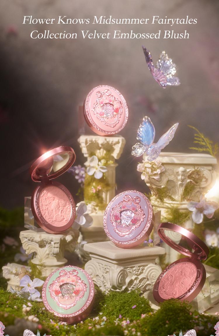 Flower Knows Midsummer Fairytales Collection Embossed Blush, Floral Velvet Embossed Blush Powder, Brightening Velvet Blush Makeup for All Skin Types, #Summervibes