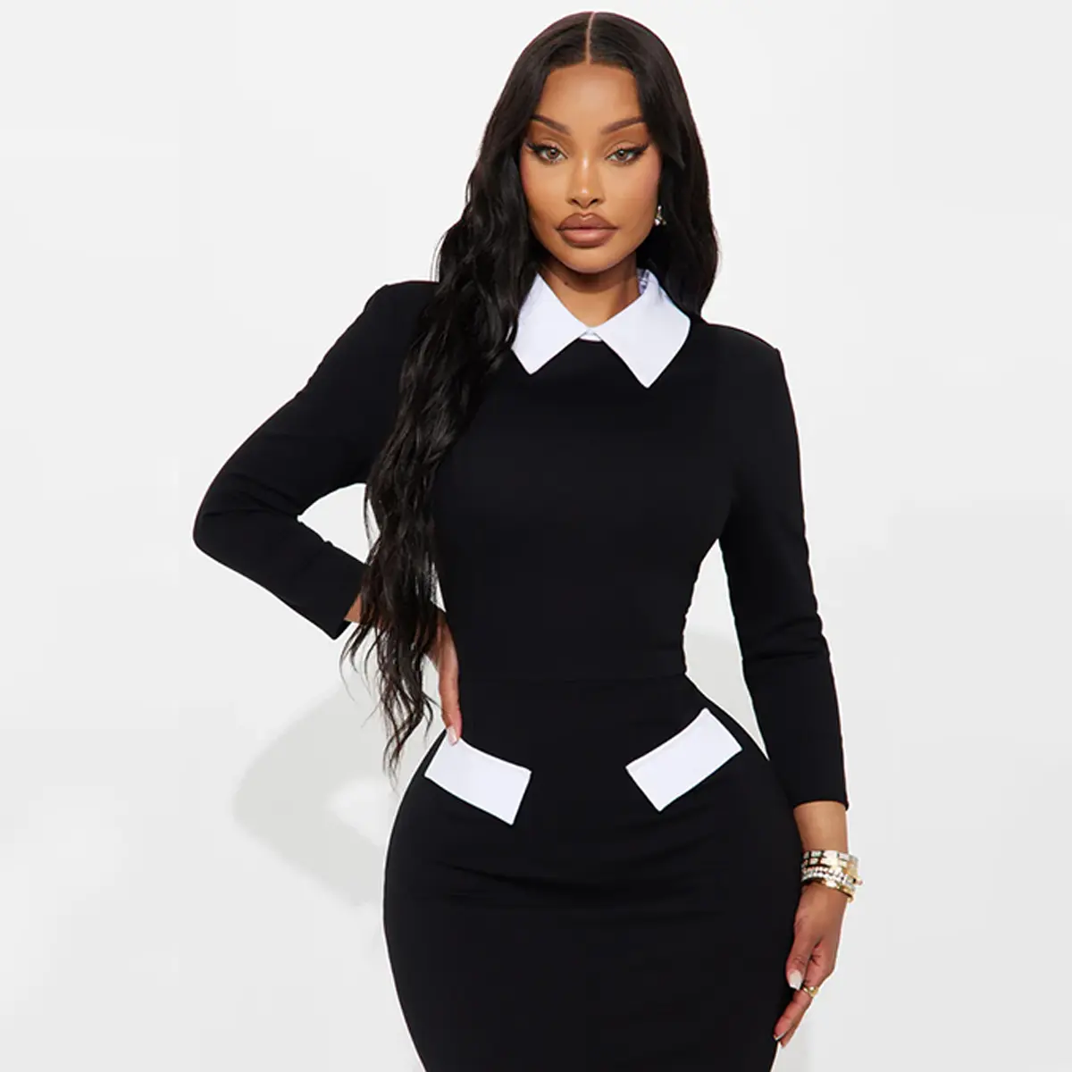 winter pencil dress OYV Women's Elegant Peter Pan Collar Long Sleeve Bodycon Dress, 2025 Trendy Chic Workwear, Knee-Length Stretch Formal Office Wear - Polished Choice for Office Days,sohochic Wedding-Suits Yaya Han Portfolio Color:Black Blossom featuring long sleeve