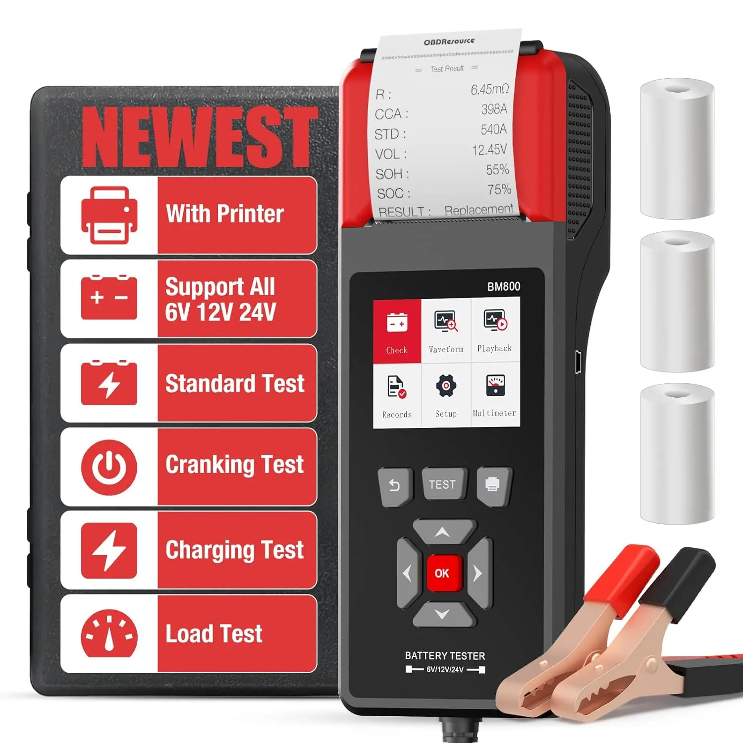OBDResource Professional Car Battery Tester with Printer 6V 12V 24V 100-2000CCA Digital Battery Voltage Tester for Automotive Standard, Cranking, Charging & Load Test, BM800 Battery Load Tester