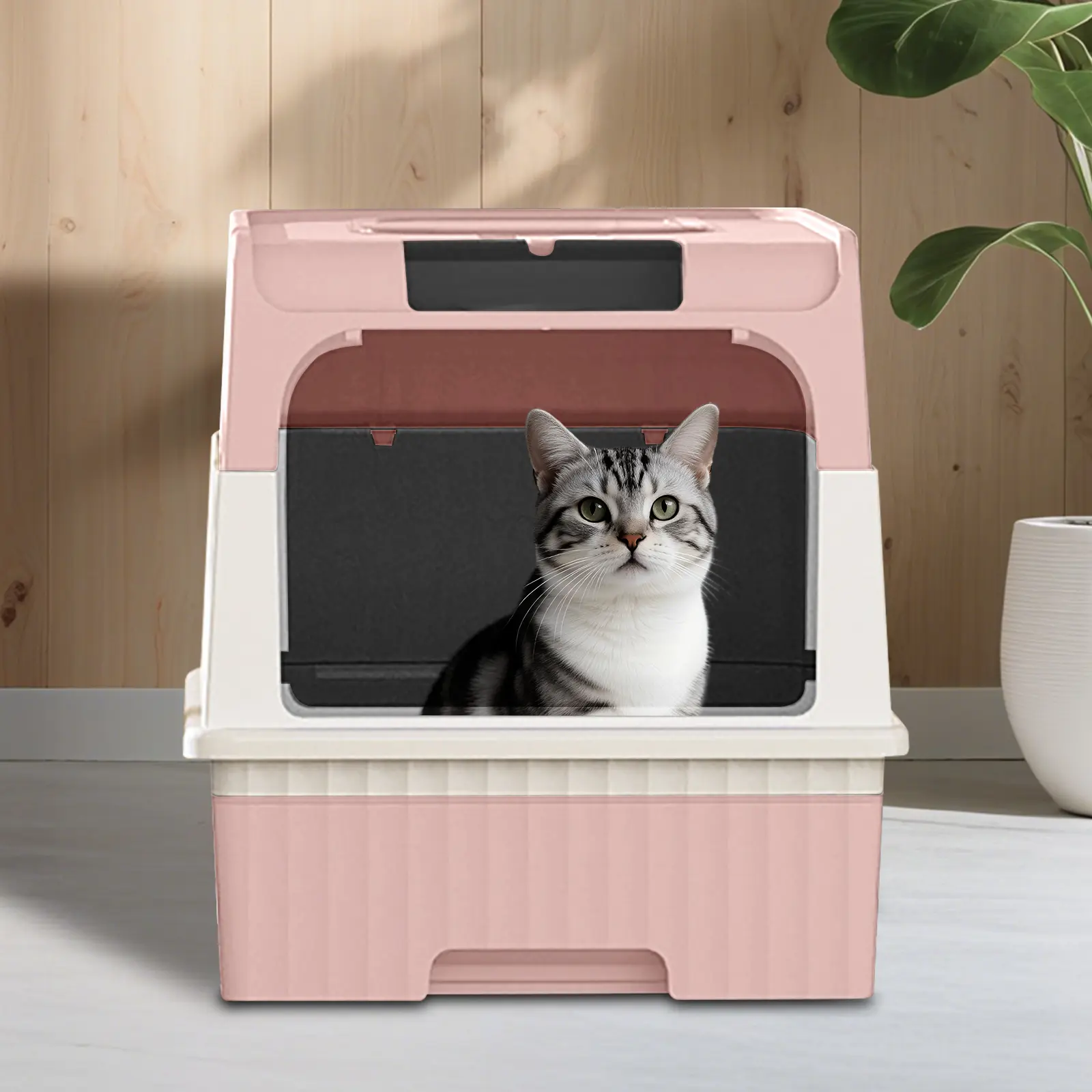 Magic Cube Cat Litter Box Pink & White Design with Easy Access Door for Cats Ideal for Indoor Use Compact & Stylish