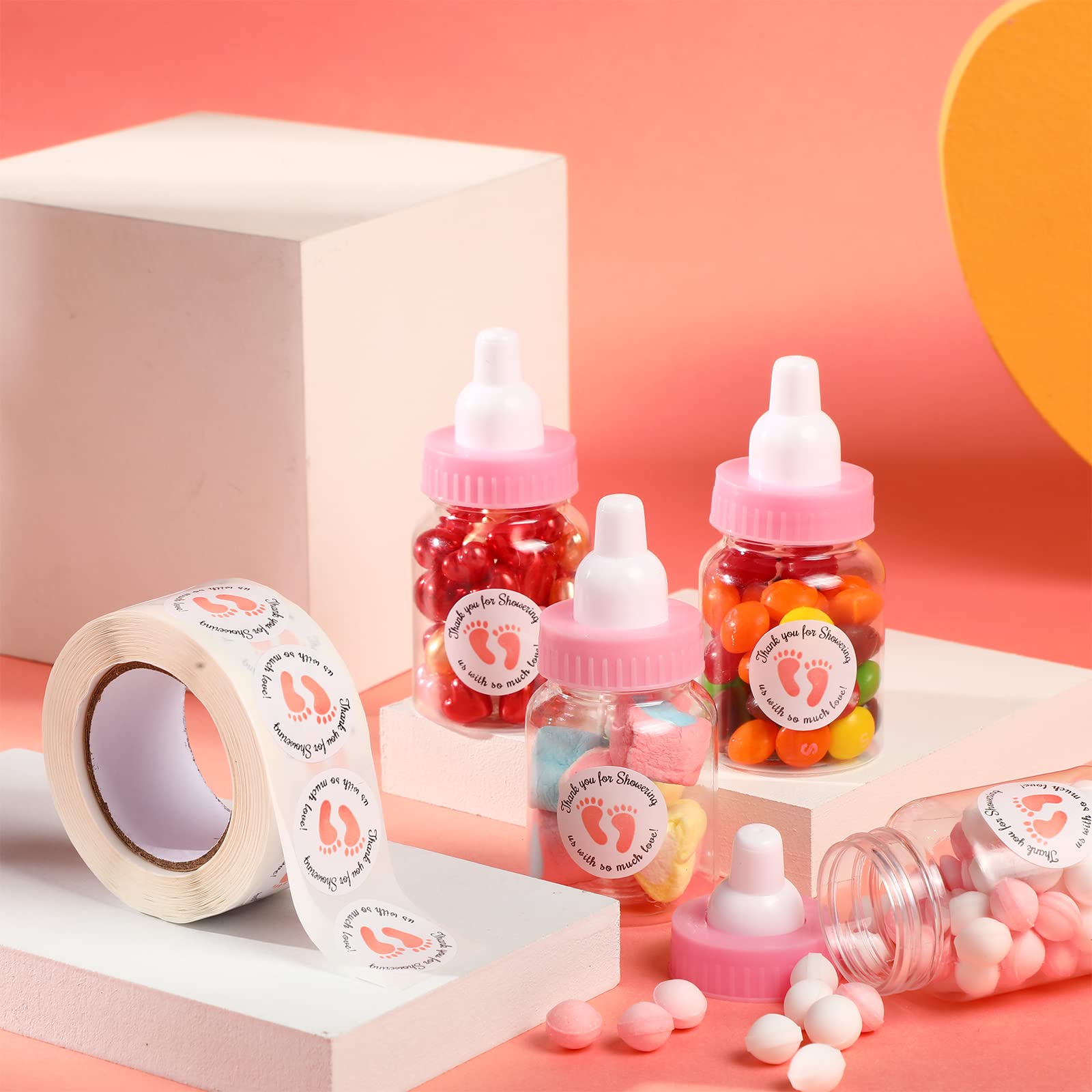 24/48 Pcs Baby Shower Prize Mini Baby Bottles Chug Plastic Milk Bottles Candy Baby Bottles with Thank You Showering Stickers and Bows Thank You Gifts for Guests,Birthday Party Baby Shower Favors Gift