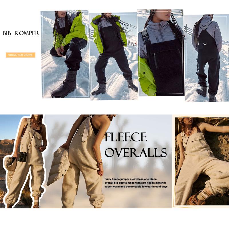 Buenoble Women's Fuzzy Fleece Overalls Winter Bib Pants Loose Fit Adjustable Strap Jumpsuit Warm Teddy Sherpa Romper Loungewear Streetwear