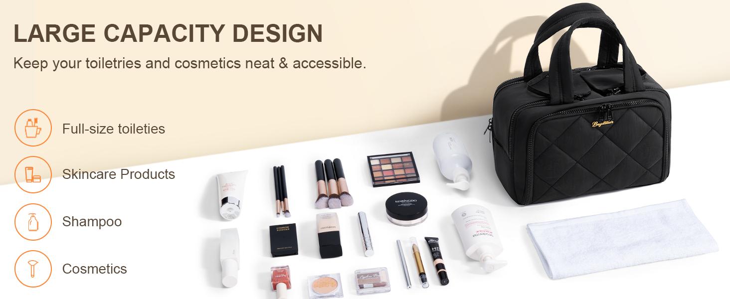 Bagstellar Wide-open Large Toiletry Bag, Lightweight Puffy Travel Bag for Women, Quilted Makeup Bag Organizer Water-resistant Cosmetic Bag with Handle for Toiletries, Essentials, Accessories