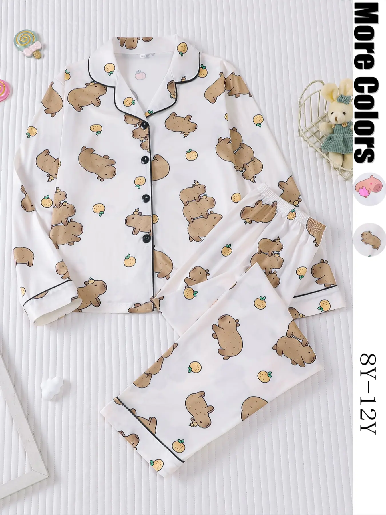 Cartoon Pajamas Set, Collared Pajama Set, Water Buffalo & Print, Long Sleeve Shirt & Pants, Fall Winter Casual Home Wear, Fruit Print Pajamas, Cartoon Print Sleepwear