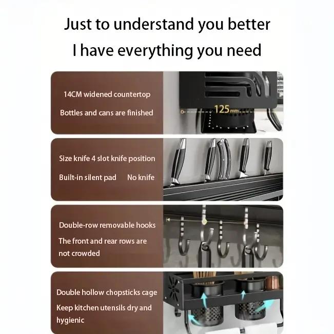 Bepatio Space Saving Wall-Mounted Kitchen Spice Rack – No-Drill Carbon Steel Shelf with Hooks for Utensils, Lids, and Seasoning Jars