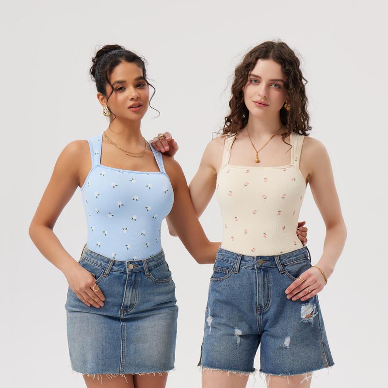 OQQ Women's 3 Piece Ribbed Bodysuits - Sexy Square Neck Sleeveless Tank Top Design - Stretchy  Soft Womenswear Underwear Lady Comfort Trendy Girl Party