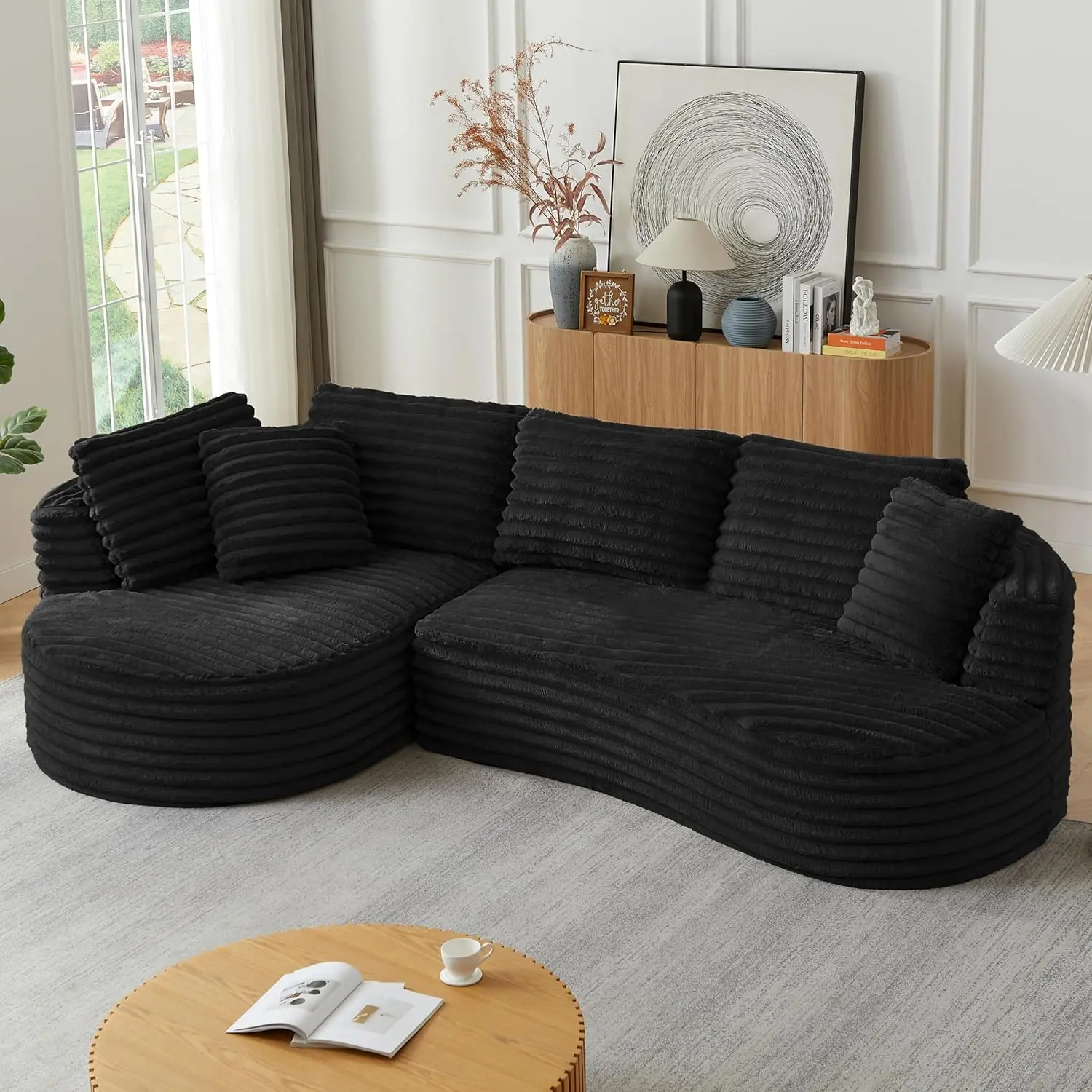 Niccae 121" Oversized Curved L-Shape Sectional Sofa Couch with Chaise – Modern corduroy boneless sectional with deep seating for your living room. No assembly required