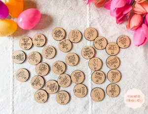 Hazel & Bloom Co Easter Hunt Activity Rounds - 30 Engraved Wooden Tokens for Easter Egg Hunts & Basket Fillers - 1 Inch Round Reward Tokens for Kids