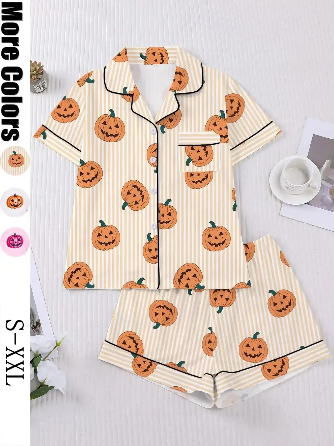 Halloween Pumpkin Pajama Set Pjs for Women, Short Sleeve Button Front Top and Elastic Shorts, Elegant Comfortable Everyday Sleepwear All Seasons trending now put together vacation style figure flattering