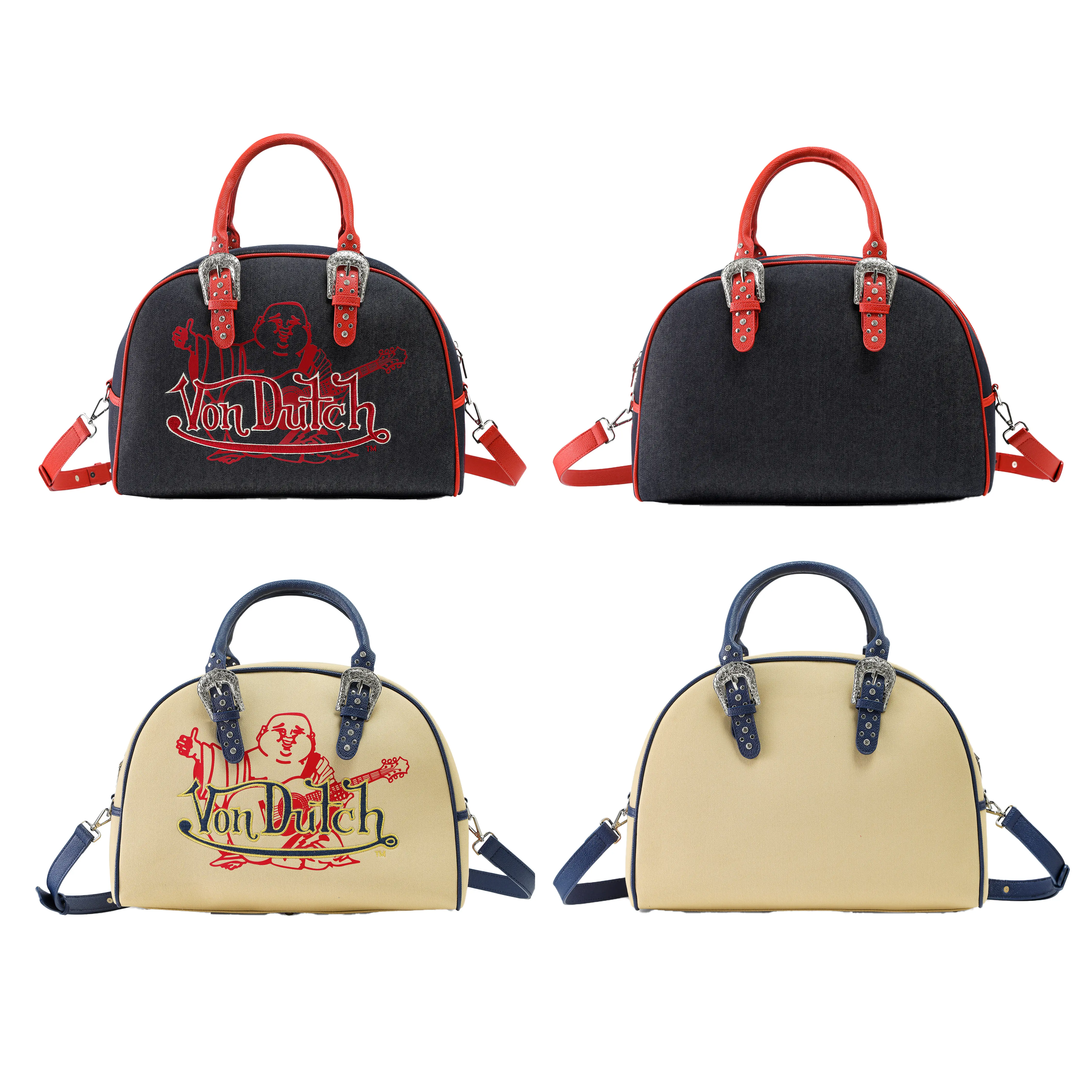 Von Dutch x True Religion Classic Duffle Travel Bag, Buddha Motif, Logo Print, Zipper Closure Von Dutch x True Religion Classic Duffle Travel Bag, Buddha Motif, Logo Print, Zipper Closure