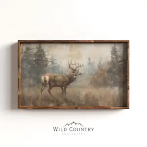 [UNFRAMED] Rustic Deer Forest Landscape, Dark Brown Hunting Lodge Artwork, Man Cave Cabin Wall Art Print, Gift for Hunter