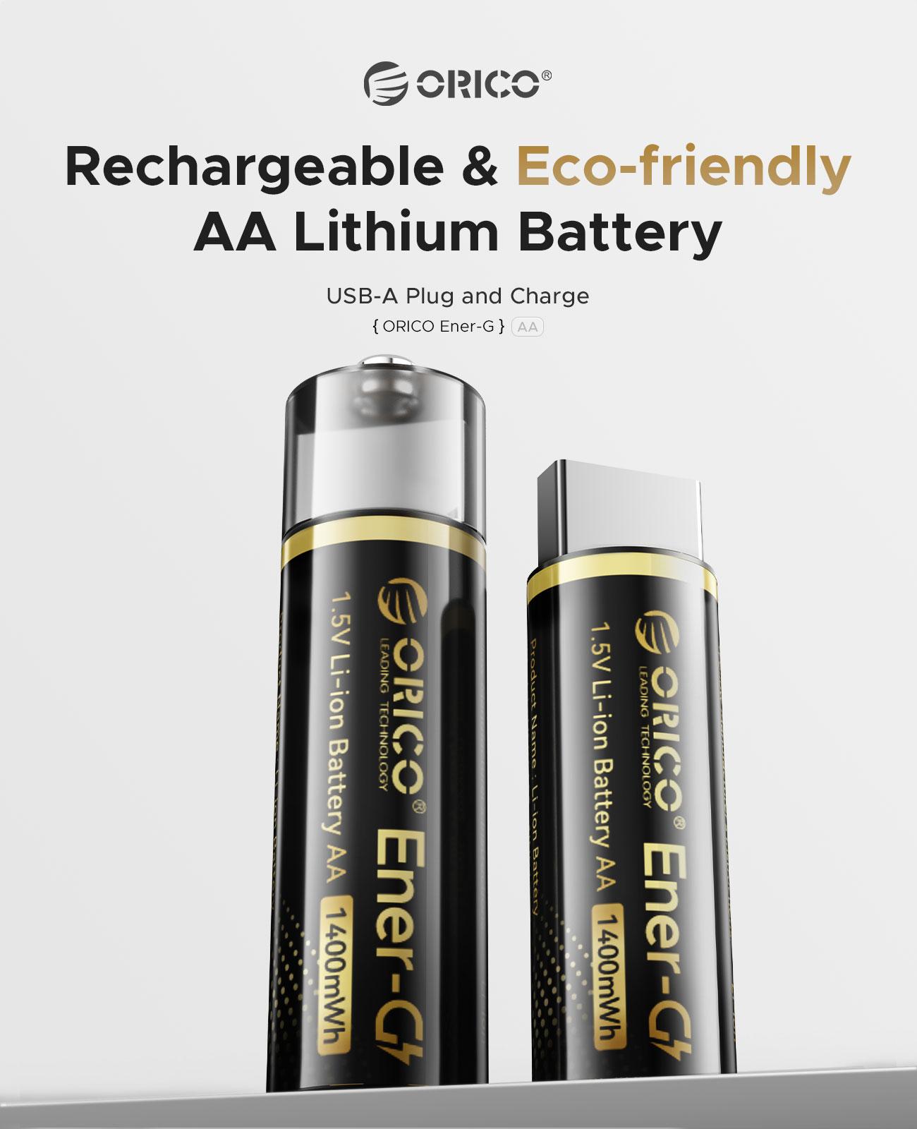 ORICO Ener-G Lithium ion Battery Rechargeable AA Batteries 1400mWh USB-A Direct Charging 1.5H Fast Full-Charged 1500 Cycles for Mouse Keyboards RC Remotes Flashlights-EG5A