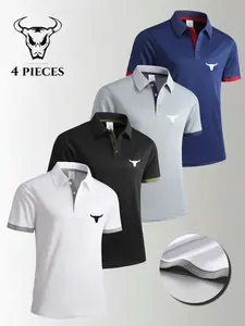 4-Piece Men's Stylish Bull Logo Polo Shirts - Casual Short Sleeve Collared Tops for Daily Wear & Outdoor Activities