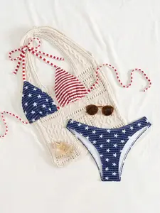 Swim Mod 2pcs/Set Women's Beach Summer Vacation USA Flag Print Halter Backless Top And Side Strap Swim  Bikini Set