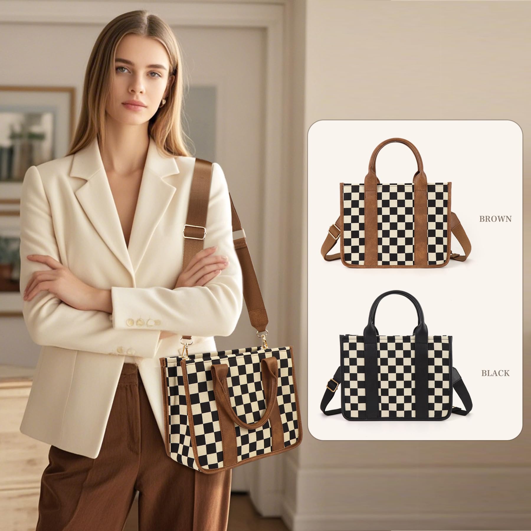 Checkered Crossbody Bag, Canvas Work Tote, Black and White Purse, Casual Tote Handbags for Work & Travel