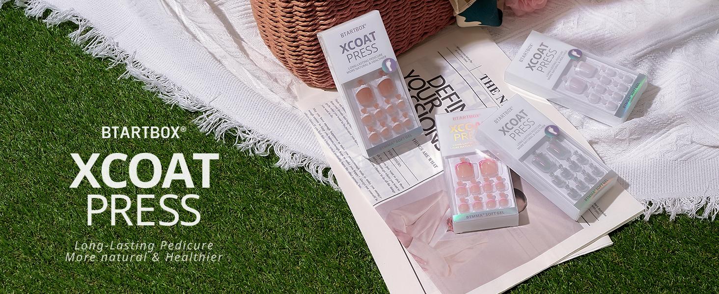 BTArtbox Press On Toenails - Lamp-Curable Real Square Toe Nail Press Ons with Glue for Women, Semi-Transparent French Tip Fake Toe Nail Tips in 15 Sizes - 30 Toenails Kit, Ma'am Acrylic Gel System