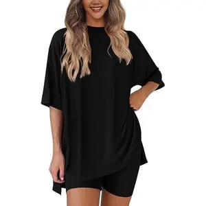 Women's Summer 2 Piece Set Casual Oversized T-Shirt and High Waist Biker Shorts Outfits Lounge Activewear