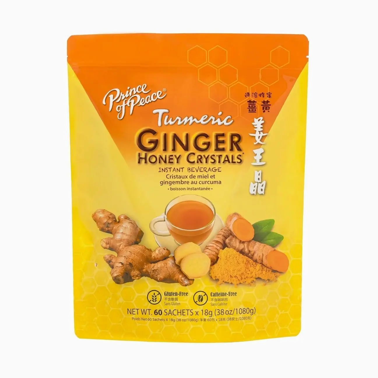 Prince of Peace Instant Ginger Honey Crystals with Turmeric, Value Pack 60 Sachets – Instant Hot or Cold Beverage Easy to Brew – Drink Like a Tea – Caffeine and Gluten Free – Real Ginger 38oz (1080g)undefined