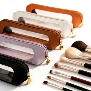 Small Clear Makeup Pouch, PU Leather Makeup Brush Bag Portable Travel Mini Cosmetic Bag Transparent Waterproof Organizer Pouch with Zipper for Women Home Travel Office Cosmetic Storage