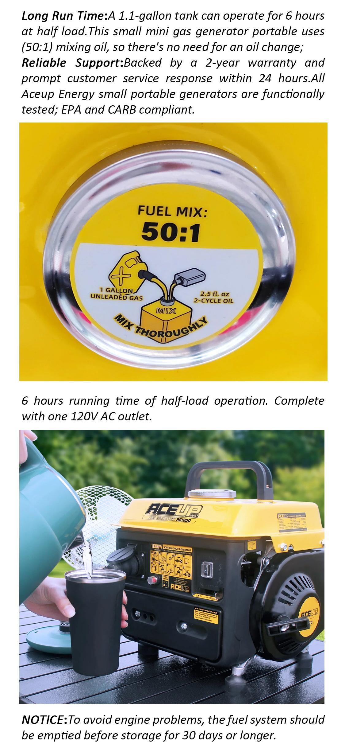 Aceup Energy AG1000 1000W 2-Stroke Gas Powered Portable Generator with EPA & CARB Compliant for Home Use & 2-Stroke Gas Engine
