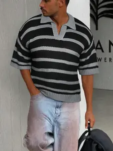 Men’s and Women’s Loose Striped Casual Minimalist Polo-Collar Short-Sleeve Drop-Shoulder Pullover Knit Top for Spring/Summer/Autumn, Suitable for Business Commuting
