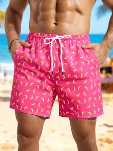 Men's Printed Shorts, Pink Banana Pattern Swimsuit Shorts 100% Polyester Fast Dry Stretch Waist for Beaches and Casual Vacations