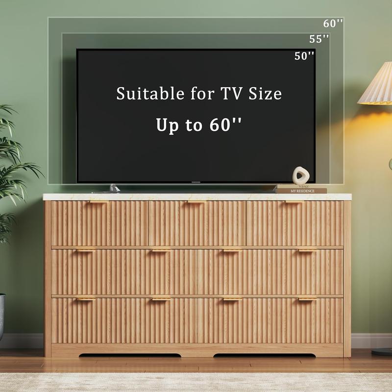 Fluted Dresser for Bedroom with 7/9 Drawers, 53'' Modern Dressers with Faux Marble Top, Mid Century Chests of Drawers with Gold Handle & Curved Profile, Natural Wood TV Dresser for Bedroom, Living Room