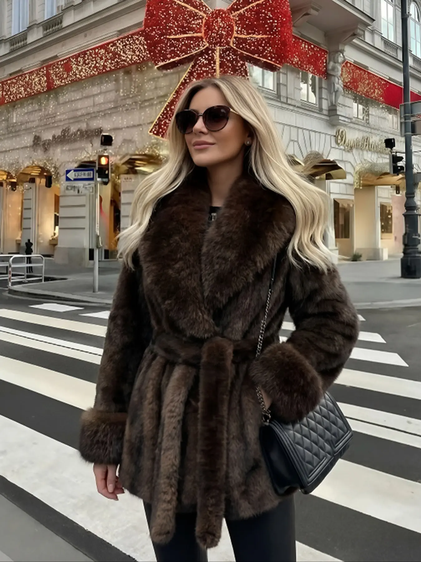 Women's Belted Solid Faux Fur Coat, Chic Jackets, Winter Fashion Long Sleeve Coat with Pocket, Casual Warm Outerwear, Stylish Daily Wear, Perfect for Cold Weather