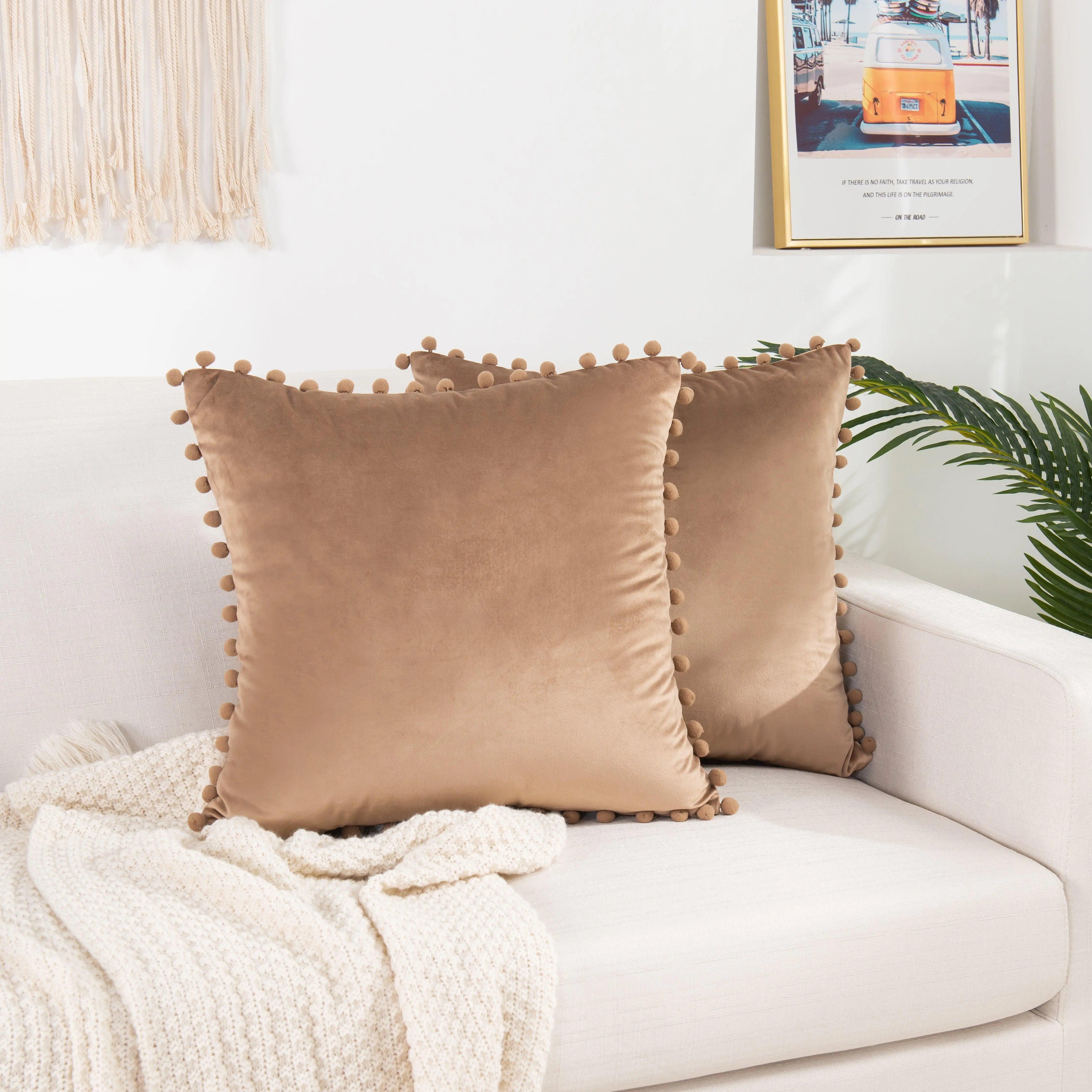 Mocassi 2-Piece Velvet Pom-Pom Cushion Covers - Hotel Premier Finish Decorative Pillow Covers for Home, Room Decor, House Decor