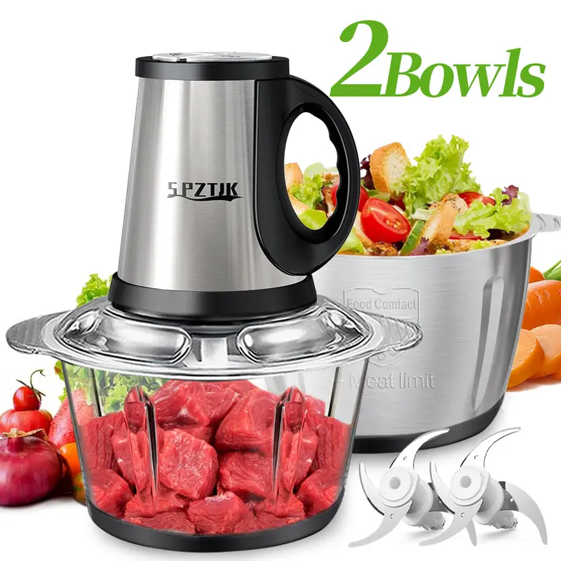 SPZTJK 2L Baby Food Processor & Meat Grinder - 2 Free Dishwasher-Safe Blades & Bowls, Pure Copper Motor for Homemade Puree/Nuts/Meat, BPA-Free & Quiet Design for Family Cooking