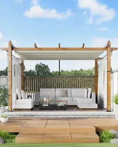 10x13 ft Retractable Aluminum Pergola with Insect Screen and Retractable Canopy, Upgraded Gray Frame, Modern Metal Patio Pergola for Garden Backyard Deck Grape Trellis Porch, Beige