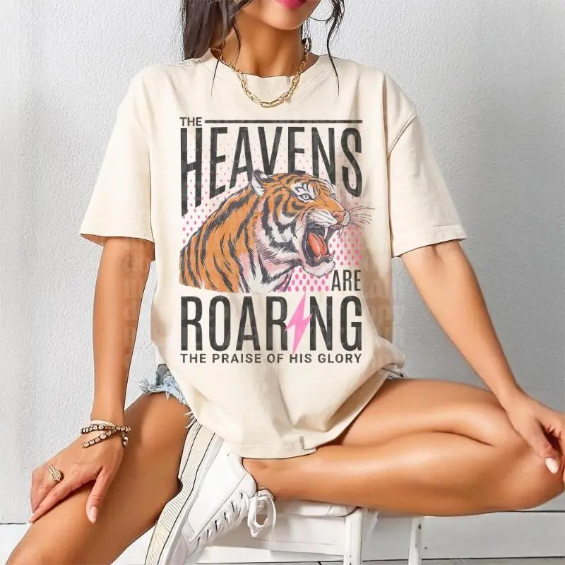 Women's 'Heavens Are Roaring' Faith-Based Graphic Tee, Comfortable Pure Cotton 90s Casual Streetwear T-Shirt for Women, Women's Clothes