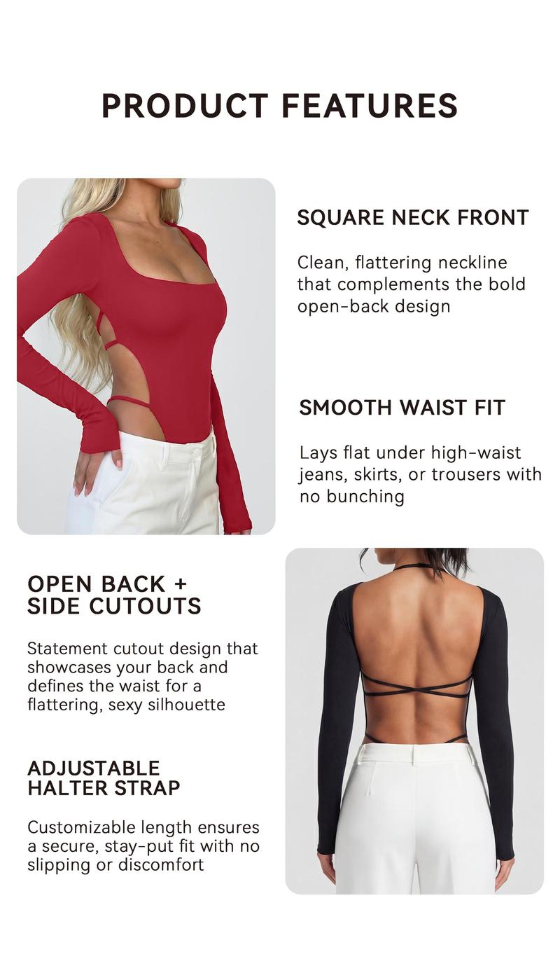 OQQ Women's Sexy Long-Sleeve Square Neck Bodysuit Top with Criss-Cross Back Fashion-forward Stylish Design for Trendy