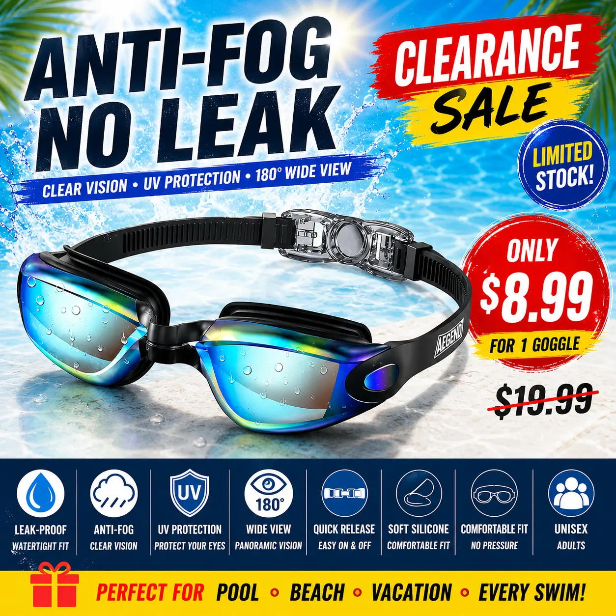 Aegend Anti Fog Swim Goggles for Adults, No Leak Swimming Goggles, Wide View UV Protection, Adjustable Silicone Pool Goggles with Case tiktokshopbacktoschool