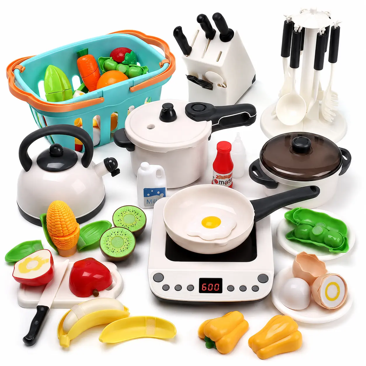 CUTE STONE Pretend Kitchen Playset for 6-8 Years - ABS Plastic, BPA-Free, EN71 Certified Miniature Cooking Multi-Activity Playset with Toy Induction Cooktop, Steam Pot, Pressure Cooker, Frying Pan, Utensils, Cutting Play Food, Shopping Basket