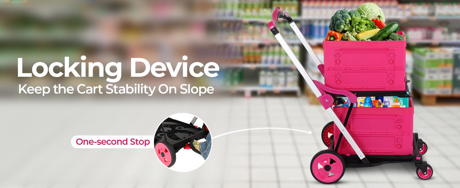 (Double frame)Foldable Utility Cart with Wheels,2 Layers Multifunctional Folding Cart for Cosmetic Organizer,Grocery,Office,Warehouse,Garden, Double Layers Foldable Shopping Cart,Folding Trolley for Luggage Heavy duty (Blue/RED/PINK/Purple)