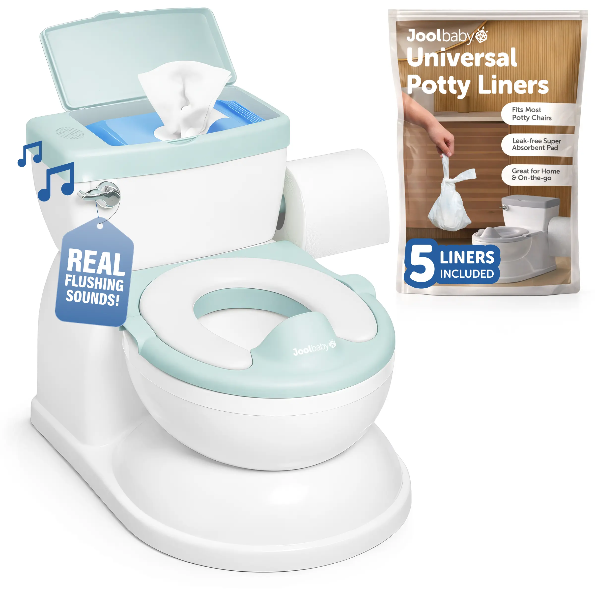 Jool Baby Real Feel 2-in-1 Potty with Wipes Storage, Flushing Sounds, & Disposable Liners - Realistic Toilet- Easy to Clean and Assemble (Aqua)