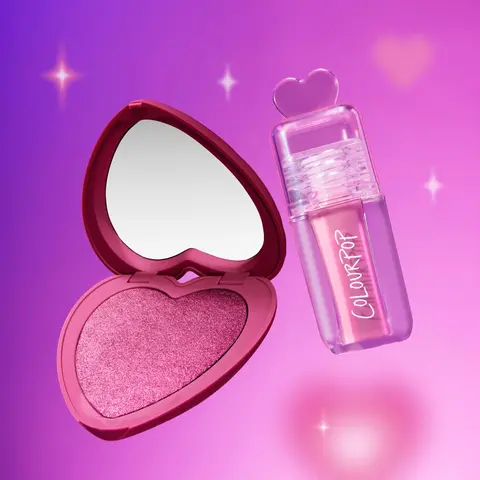ColourPop Super Shock Blush + Ultra Glossy Lip Set - Baby Pink Glow & Pout for Valentine's Day - Limited Edition Heart Compact & Hydrating Lip Gloss