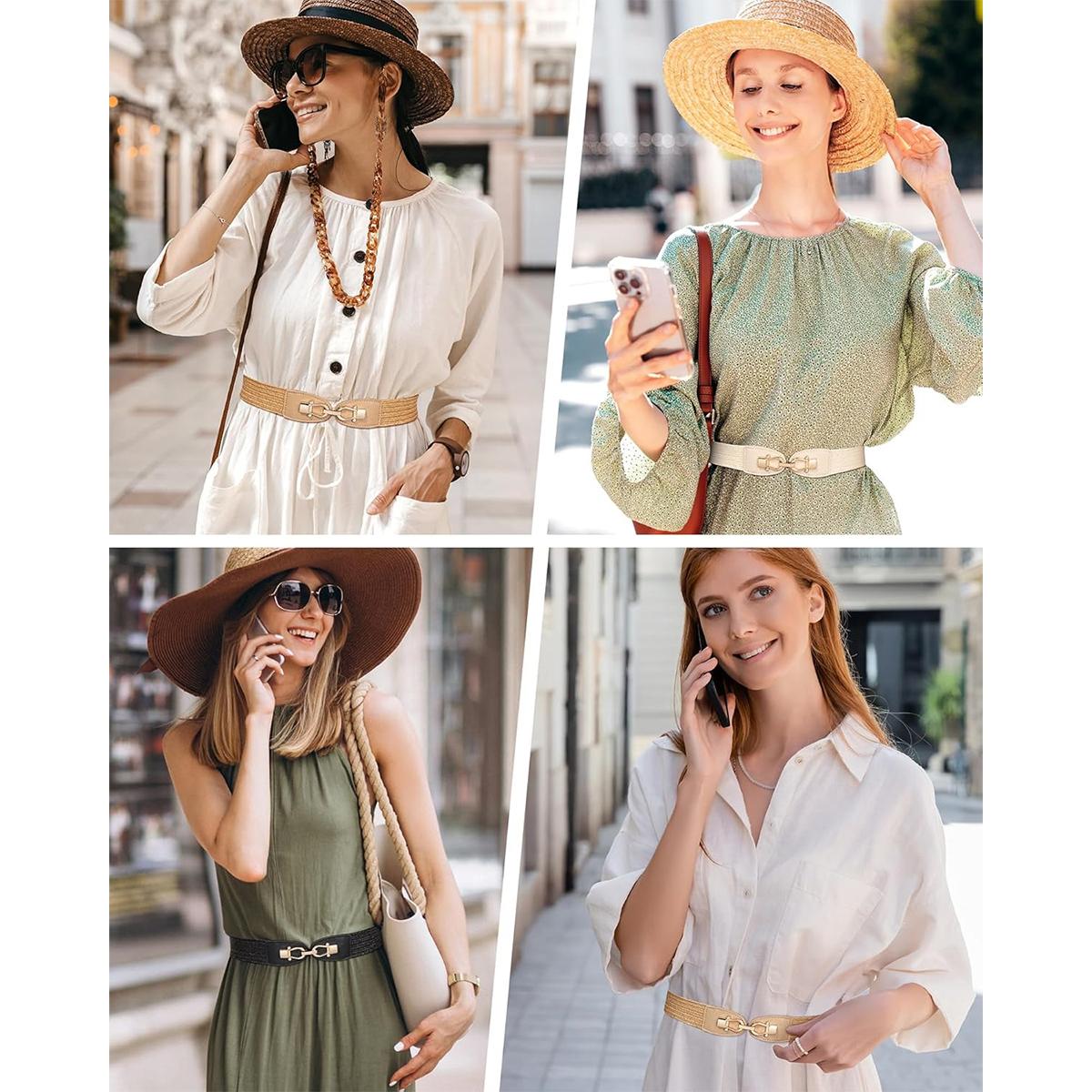 2-Piece Set Women Straw Belt Elastic Waist Metal Buckle Breathable Elegant Boho Braided Belt for Dress Casual