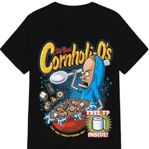 "Cornholi-O's" Beavis and Butthead Parody American Retro Black Short-Sleeved Unisex T-Shirt, Humorous Cereal Graphic, Casual Streetwear for Cartoon & Comedy Enthusiasts