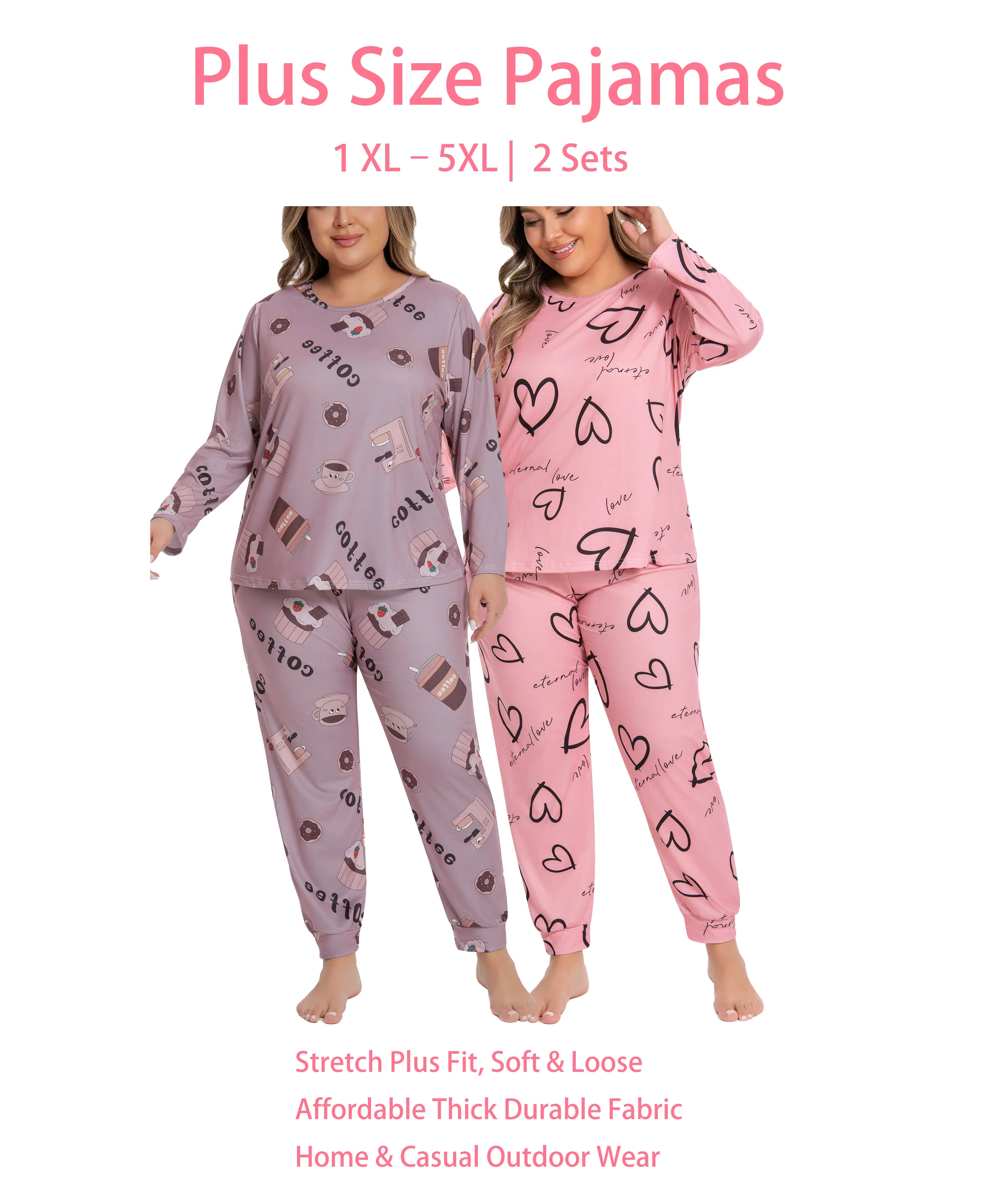 Plus Size 1XL-5XL Women's 2-sets Pajama Set | Long-Sleeve Top & Full-Length Pants | Soft Breathable Loungewear Pastel Cute Pajamas Pjs