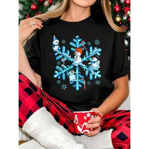 Streetwear Graphic Tee 100% Cotton Women Christmas T-shirt - Blue Snowflakes And Snowman Print - Round Neck Short Sleeve - Christmas Family Matching Wear - Casual Summer Top - Graphic Tees